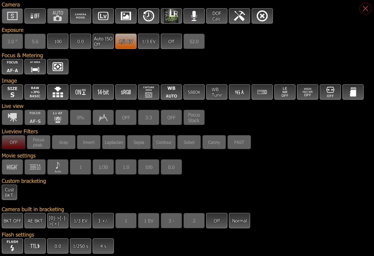 Панель свойств камеры в qDslrDashboard с группами экспозиции, фокуса, изображения и Live View