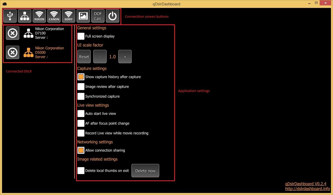 Экран подключения qDslrDashboard со списком способов соединения и подключённых камер