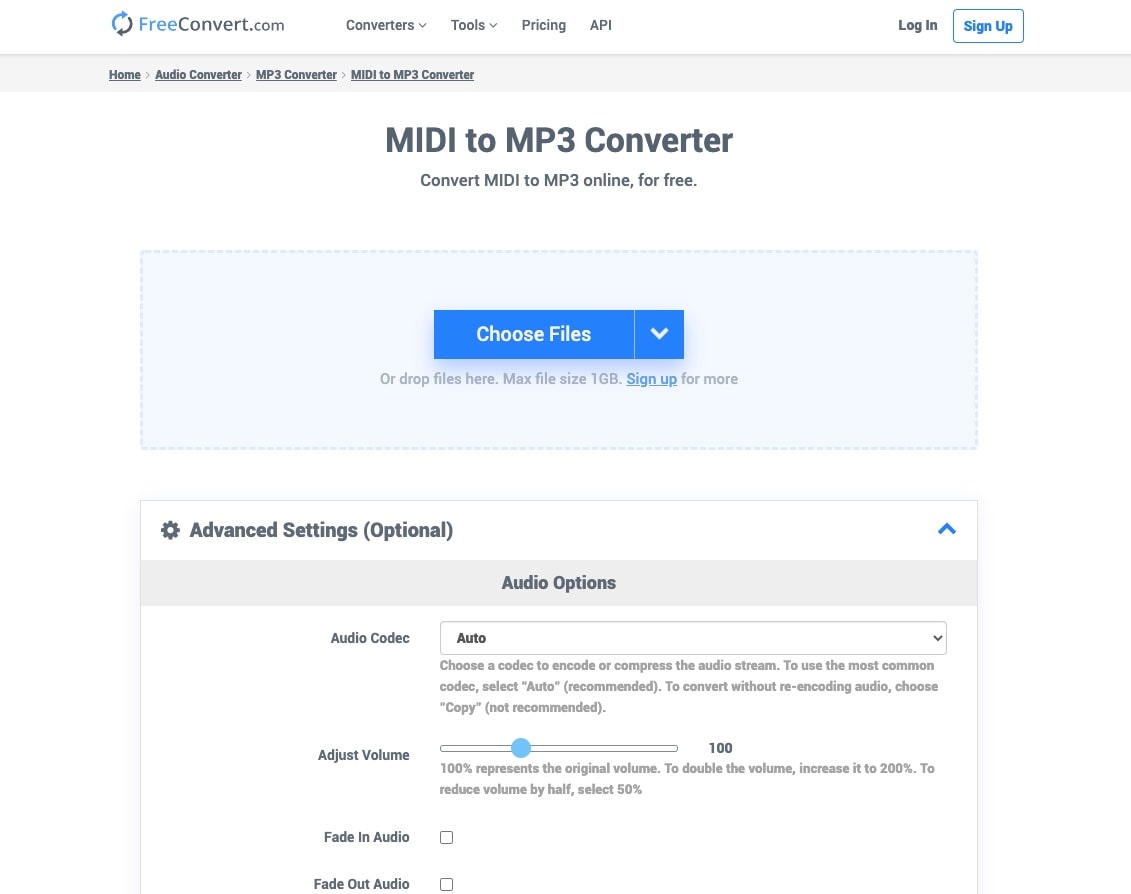 FreeConvert: страница конвертации MIDI в MP3
