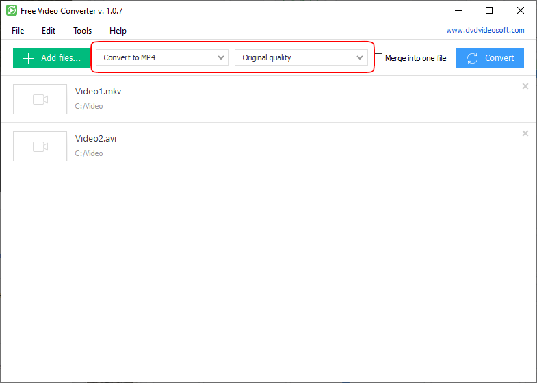 Выбор формата и качества в DVDVideoSoft Free Video Converter