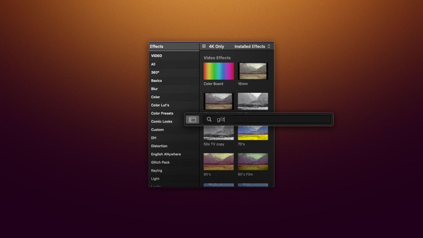 Скриншот Final Cut Pro: поиск и настройка glitch-эффекта в Effects Browser