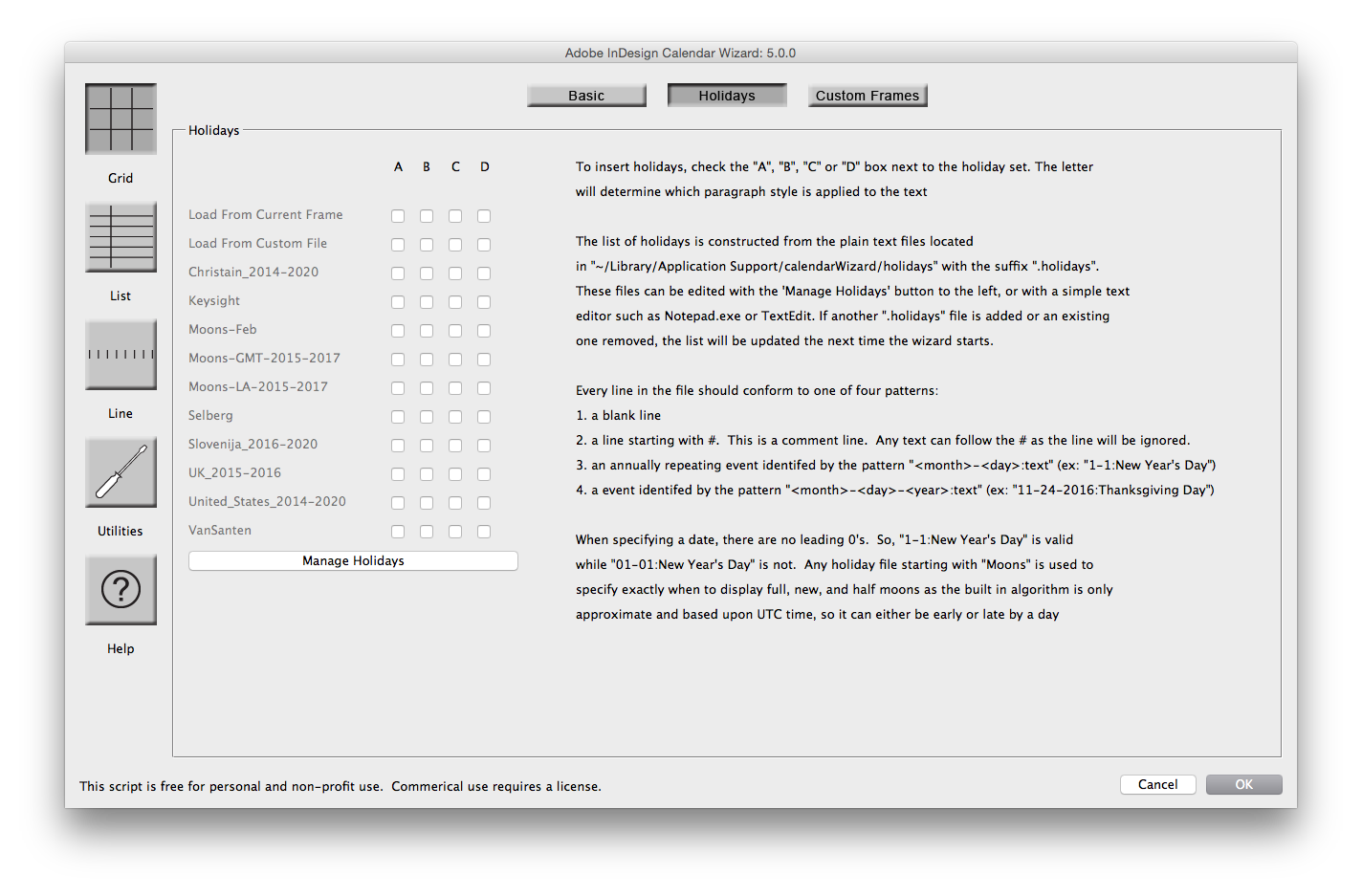 Вкладка Holidays в Adobe InDesign Calendar Wizard