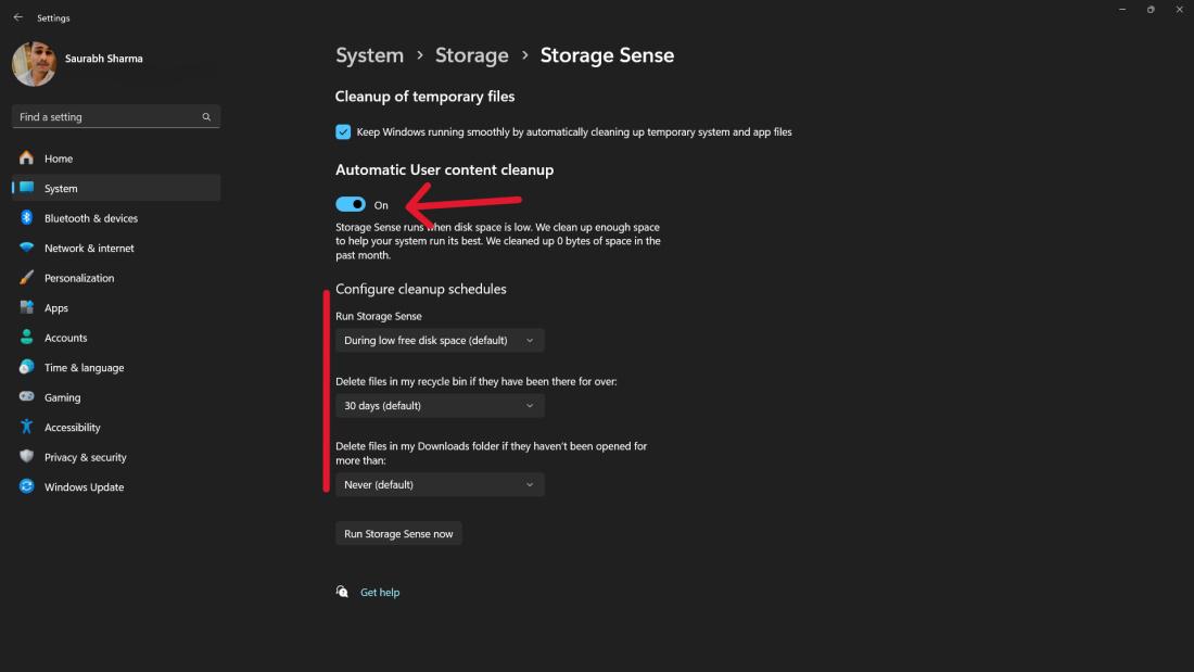 Настройка Storage Sense в Windows 11