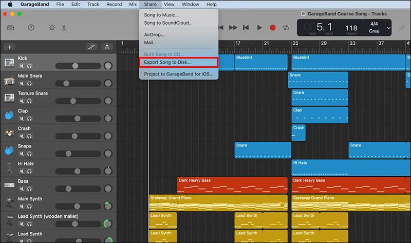 GarageBand на iOS и macOS: экспорт через Share