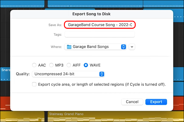 GarageBand Export Song to Disk