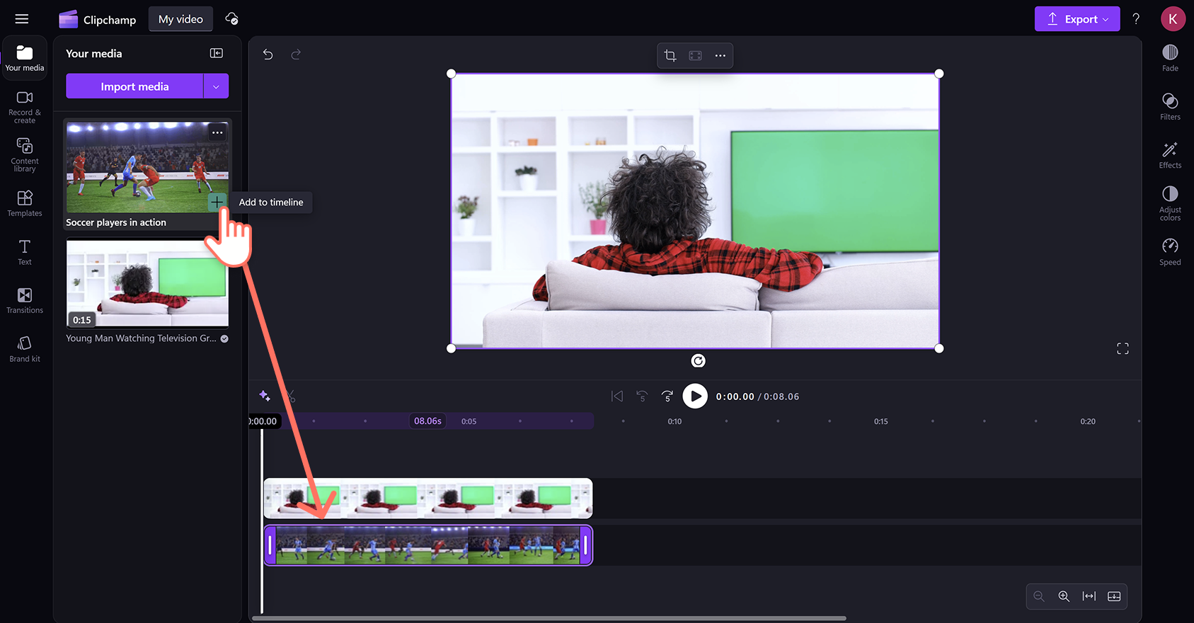 Выбор эффекта зеленого экрана в Clipchamp