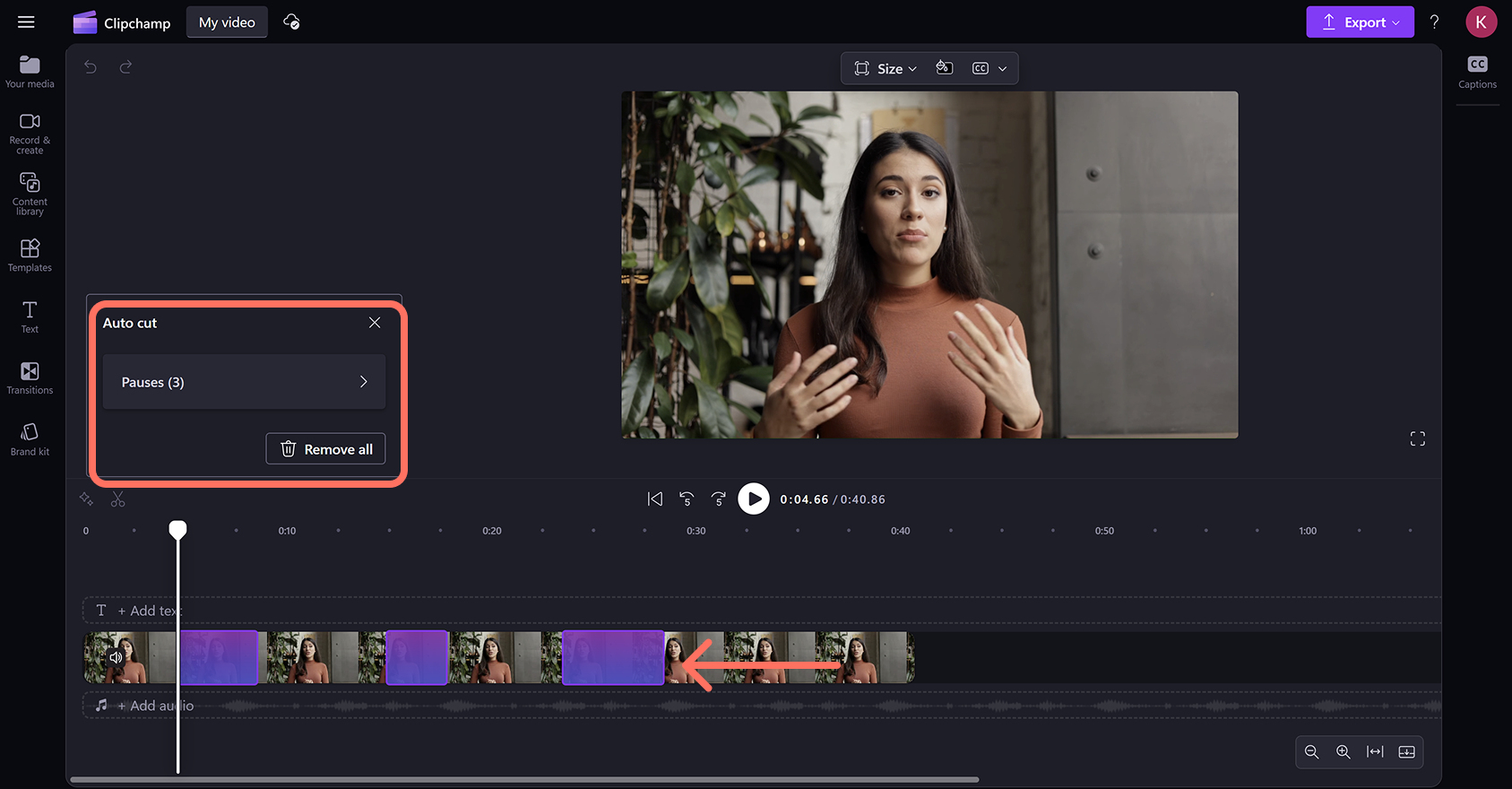 Удаление пауз в Clipchamp