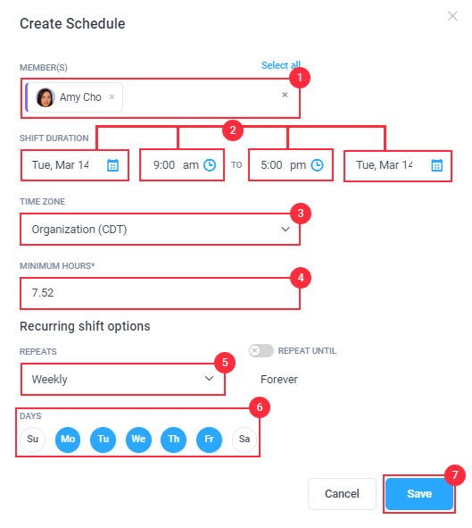 Создание смены в Hubstaff Schedules