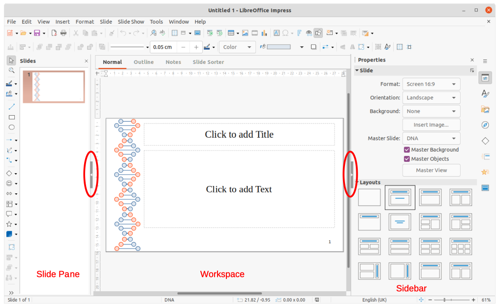 Главное окно LibreOffice Impress с панелью слайдов, рабочей областью и боковой панелью