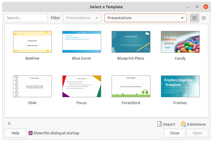 Окно выбора шаблона Select a Template в LibreOffice Impress