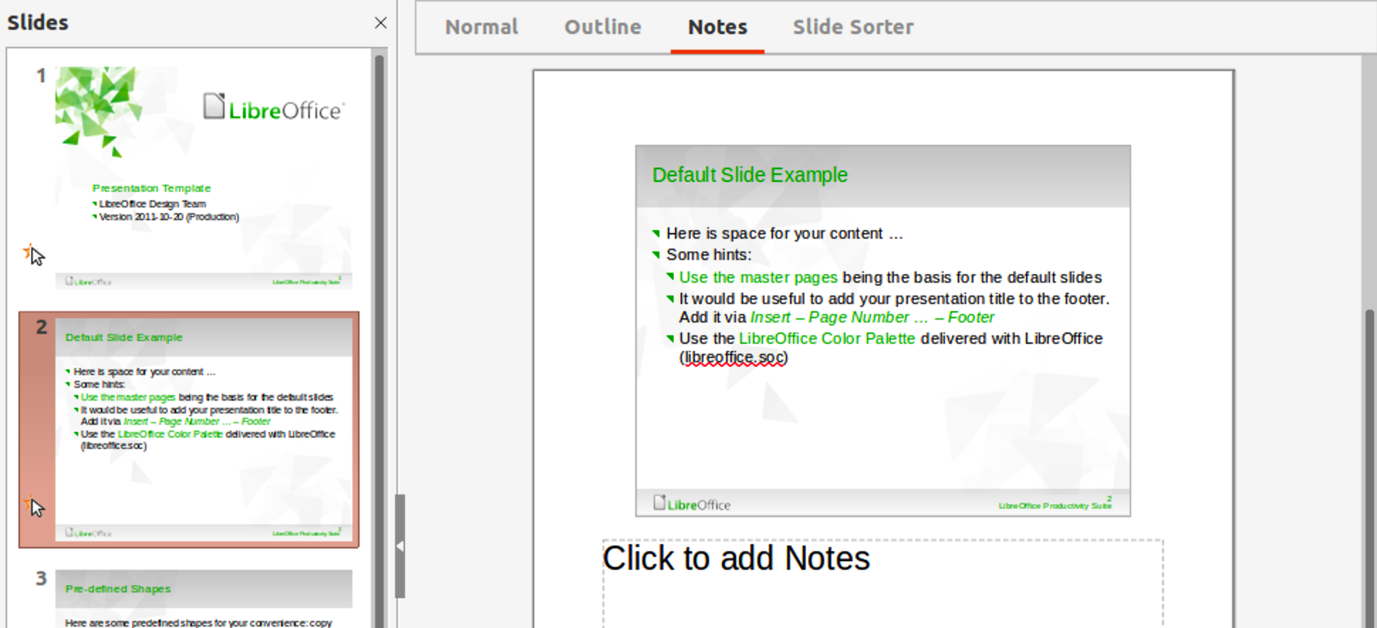 Режим Notes в LibreOffice Impress
