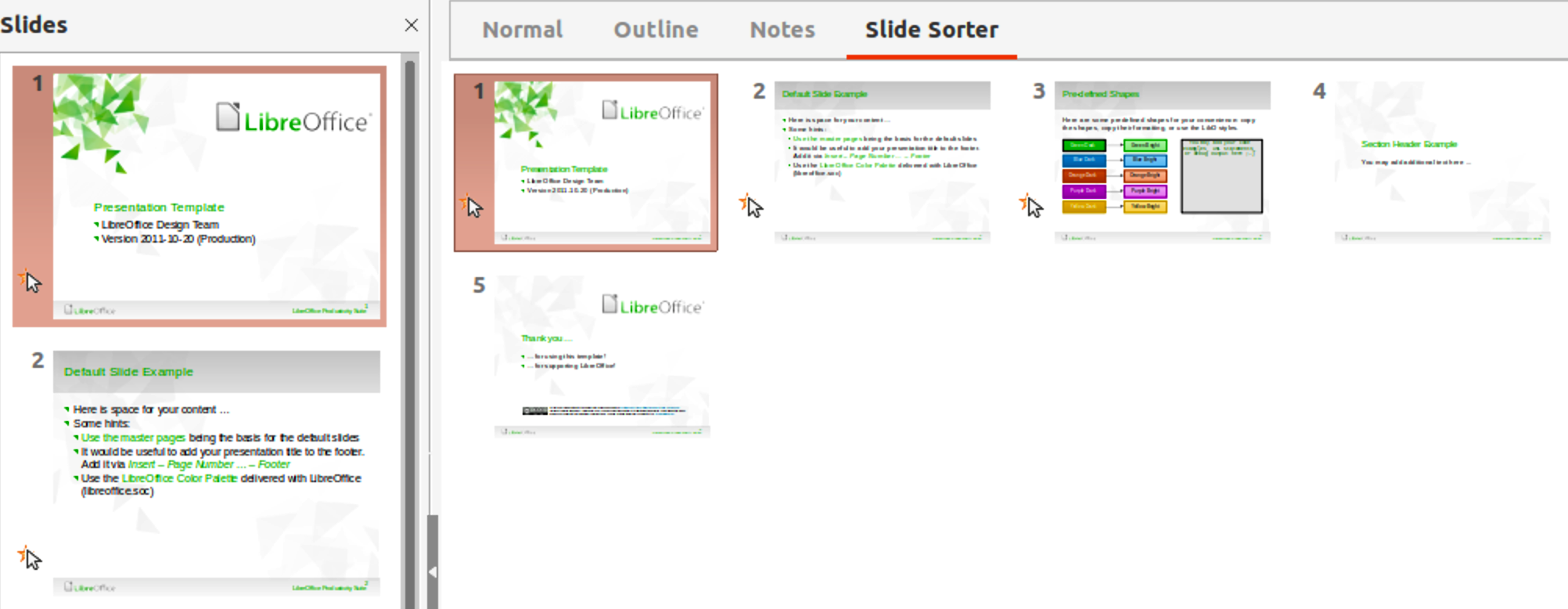 Режим Slide Sorter в LibreOffice Impress