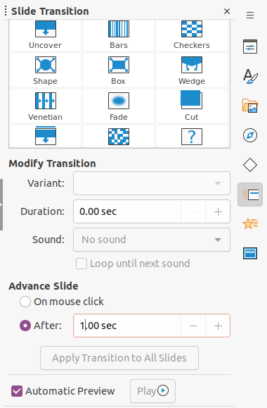 Панель Slide Transition в LibreOffice Impress