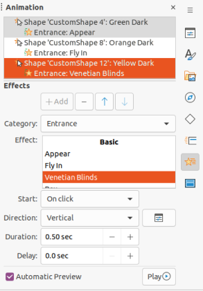 Панель Animation в LibreOffice Impress