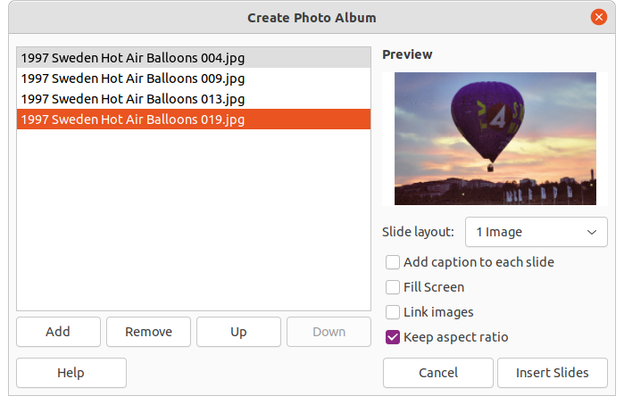 Окно Create Photo Album в LibreOffice Impress
