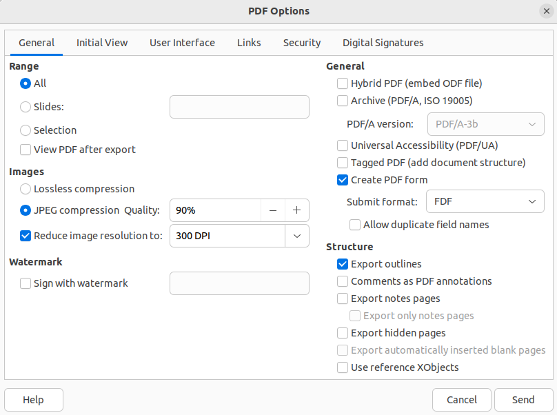Скриншот окна PDF Options в LibreOffice Impress