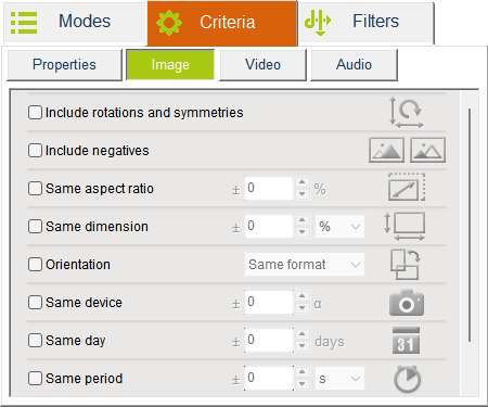 Критерии для изображений в Duplicate Media Finder