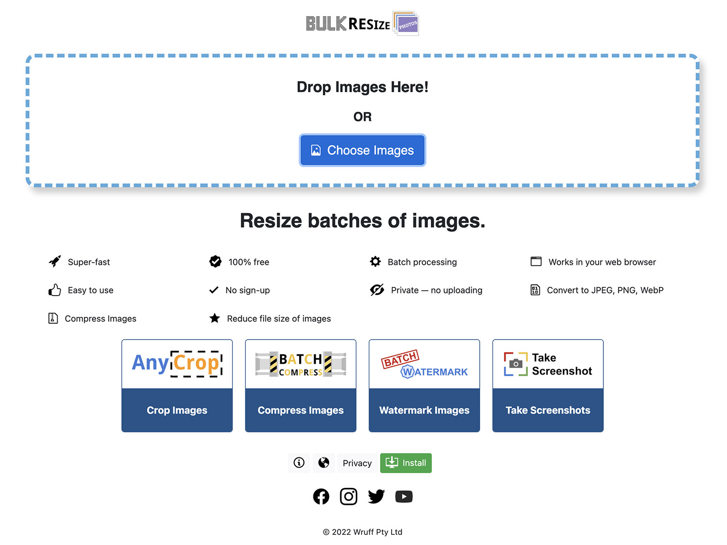 Главный экран BulkResizePhotos с областью Drop Images Here и кнопкой Choose Images