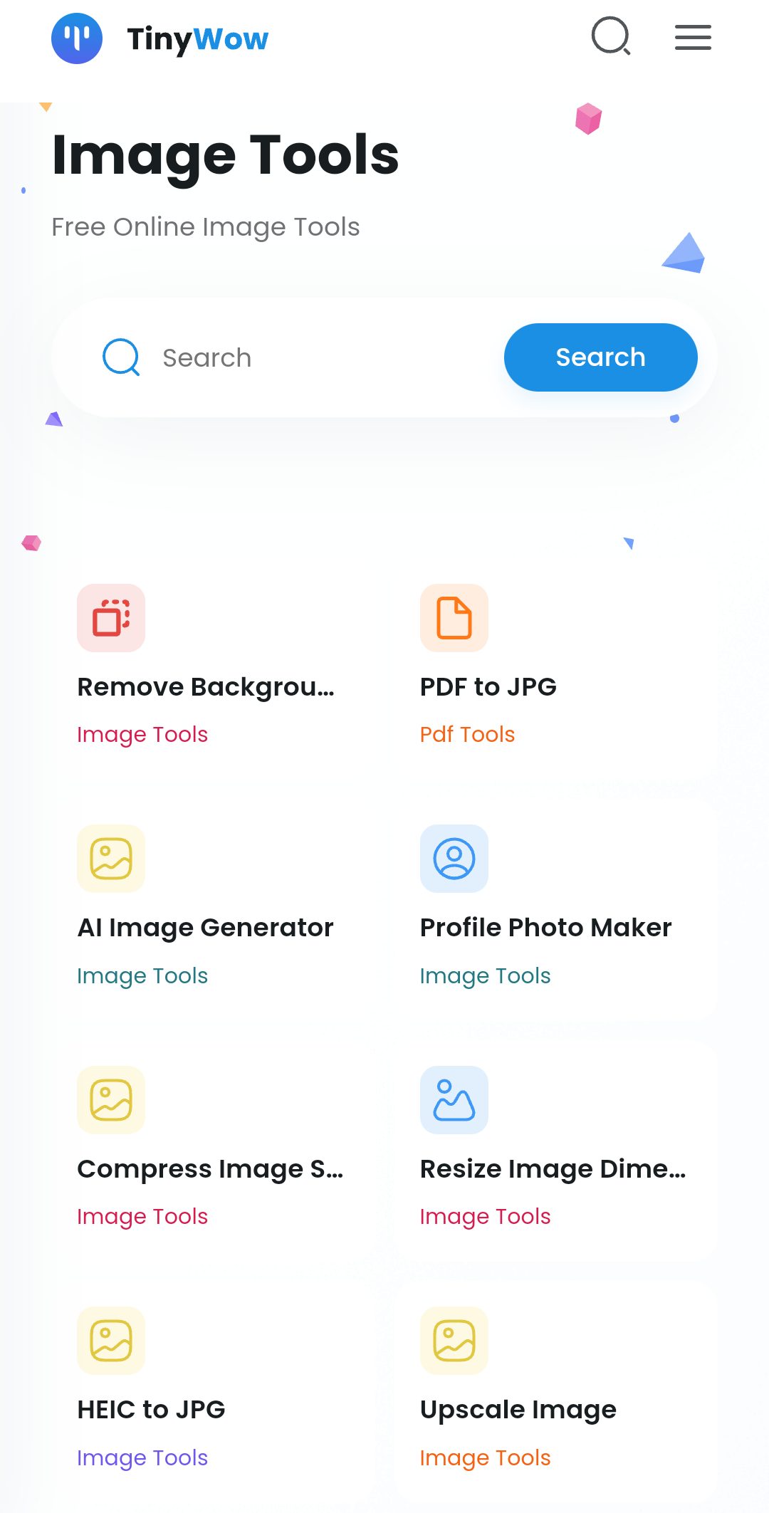 Раздел TinyWow Image Tools со строкой поиска и карточками инструментов