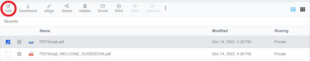 Панель действий над документом в PDFSimpli