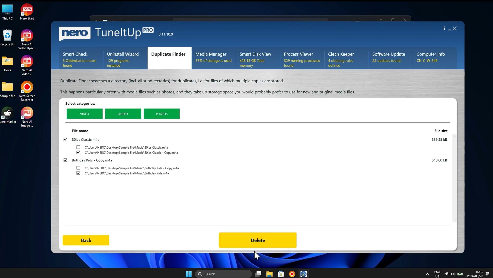 Окно Duplicate Finder в Nero TuneItUp PRO