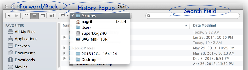 Верхние элементы окна Open: Forward/Back, History Popup и Search Field