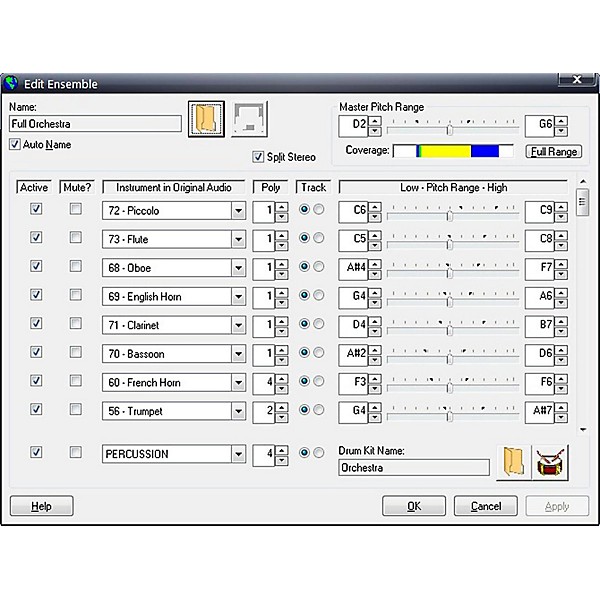 Окно Edit Ensemble в intelliScore Ensemble