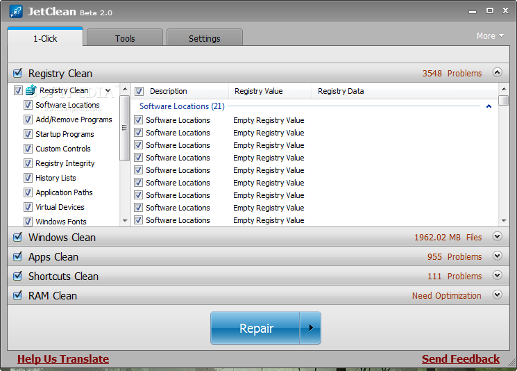 Главное окно JetClean с разделами очистки и кнопкой Repair