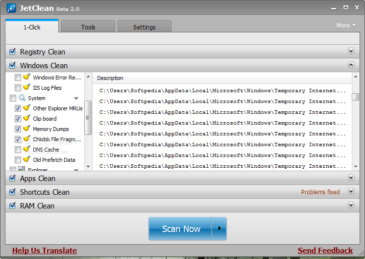 JetClean с раскрытым разделом Windows Clean и кнопкой Scan Now