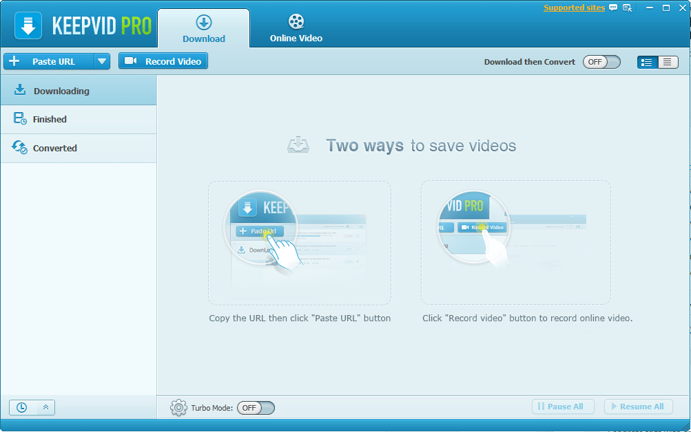 Главное окно KeepVid Pro с рабочими режимами загрузки