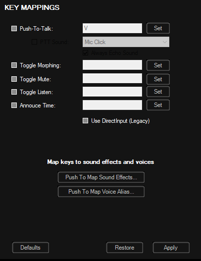 Панель Key Mapping в MorphVOX Pro