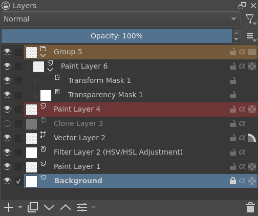 Докер Layers в Krita со слоями, масками, прозрачностью и режимами управления