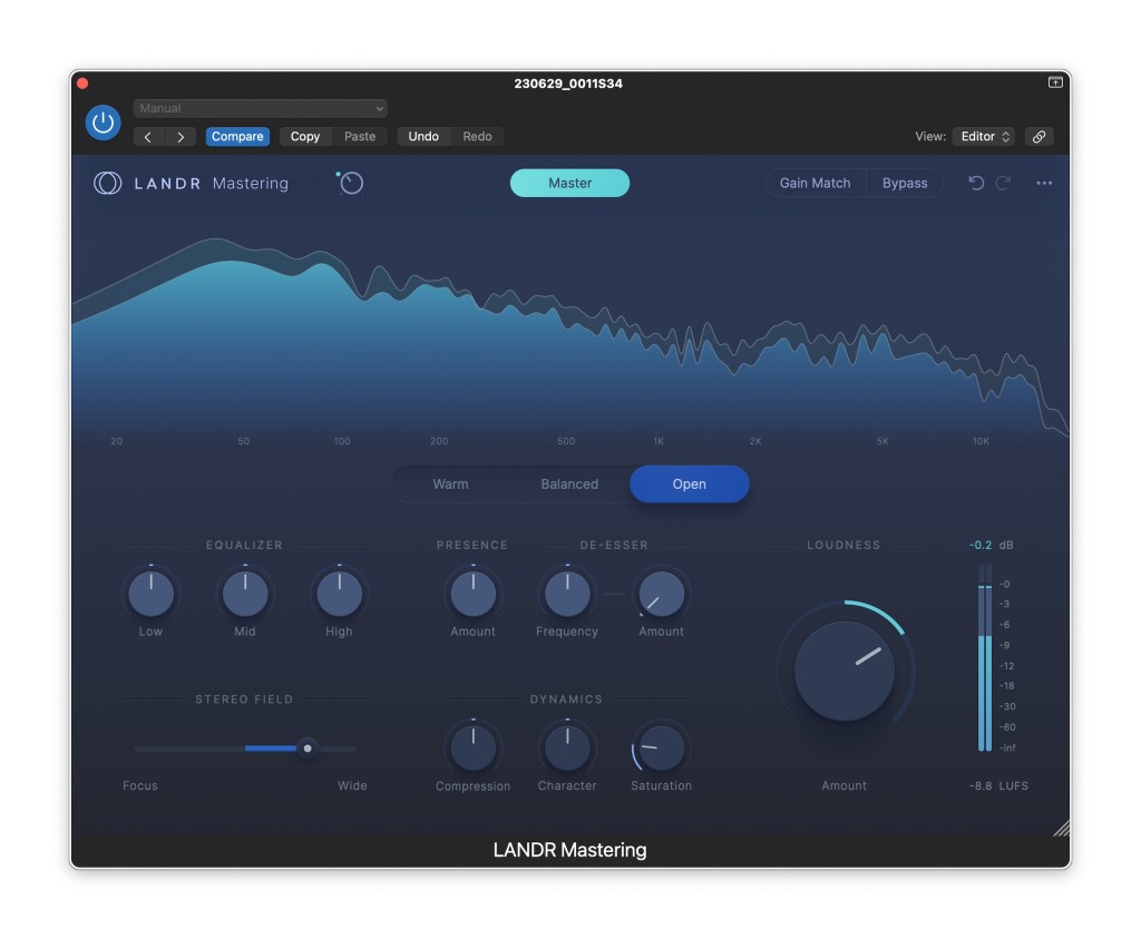 Интерфейс LANDR Mastering