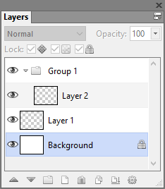Панель Layers в Artweaver с группой, слоями, Background, видимостью, блокировкой и непрозрачностью