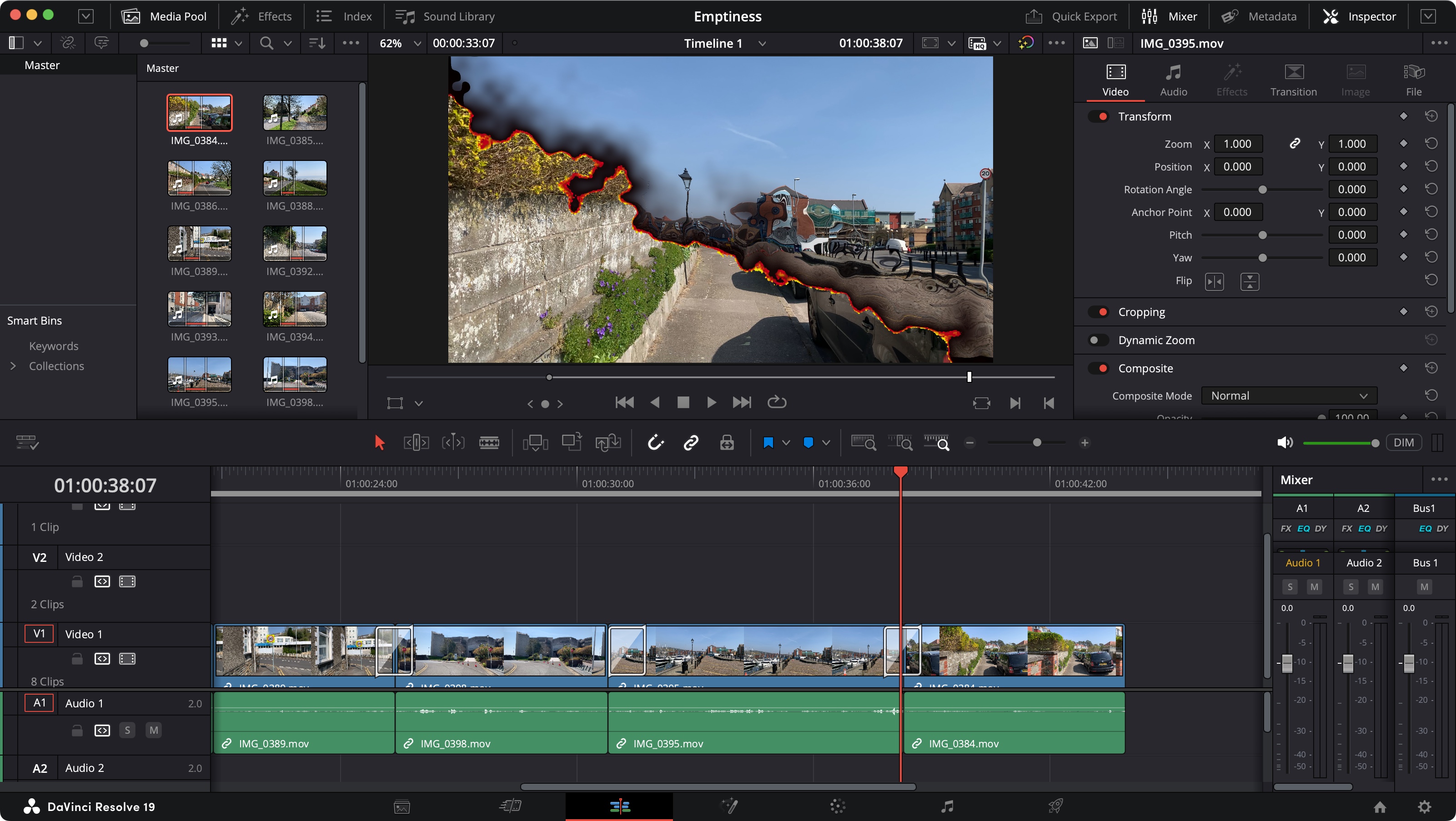 Интерфейс DaVinci Resolve Edit Page с Media Pool, таймлайном, инспектором и аудиомикшером