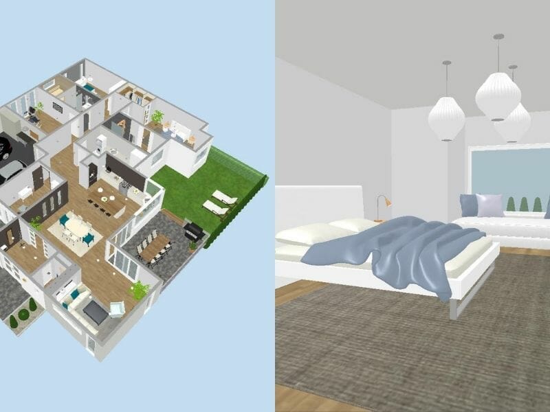Live 3D в RoomSketcher: обзор плана сверху и интерьерный вид спальни