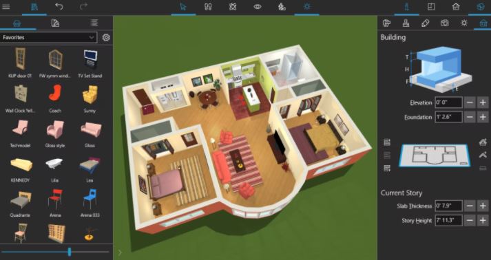 Интерфейс Live Home 3D с планом помещения и визуализацией