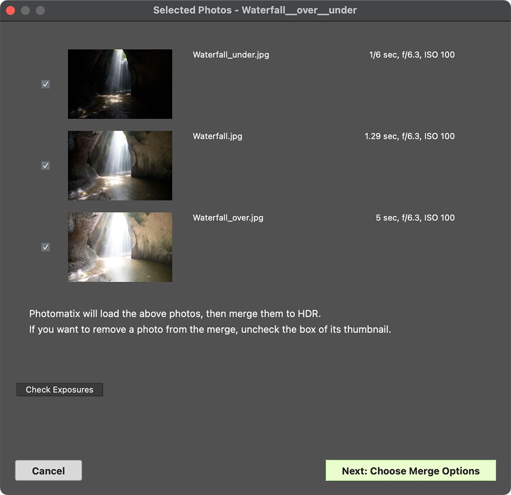 Окно Selected Photos перед переходом к Merge Options