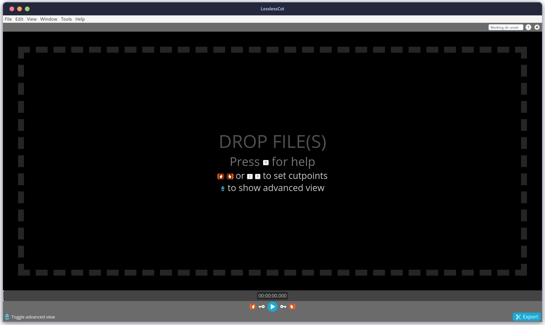 Пустое окно LosslessCut с областью DROP FILE(S)