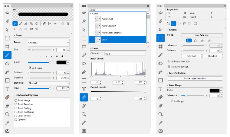 Панель Tool Options в Hornil StylePix: параметры кисти, фильтра Level и выделения