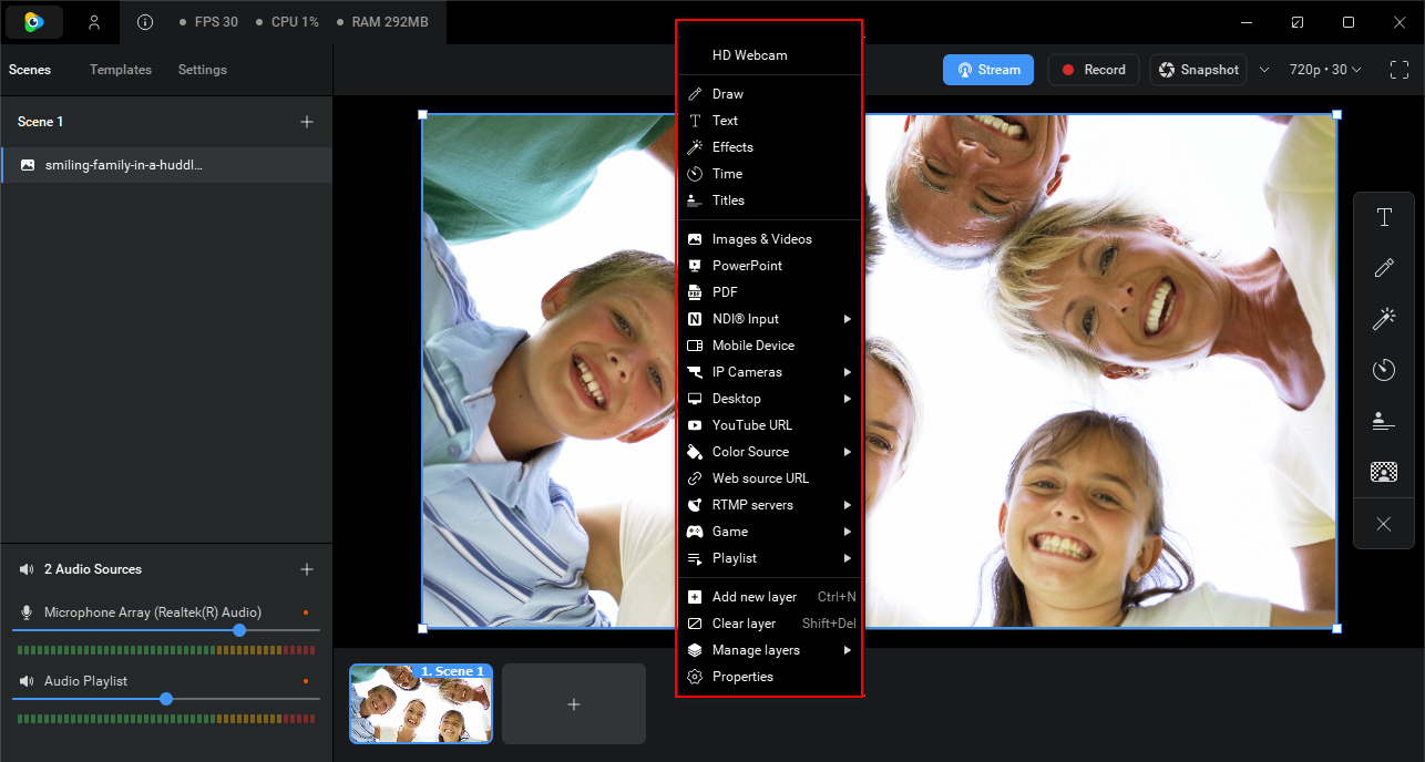 Добавление источников в ManyCam