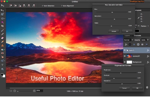 Окна Brightness and Contrast и Hue, Saturation and Value в PixelStyle Photo Editor