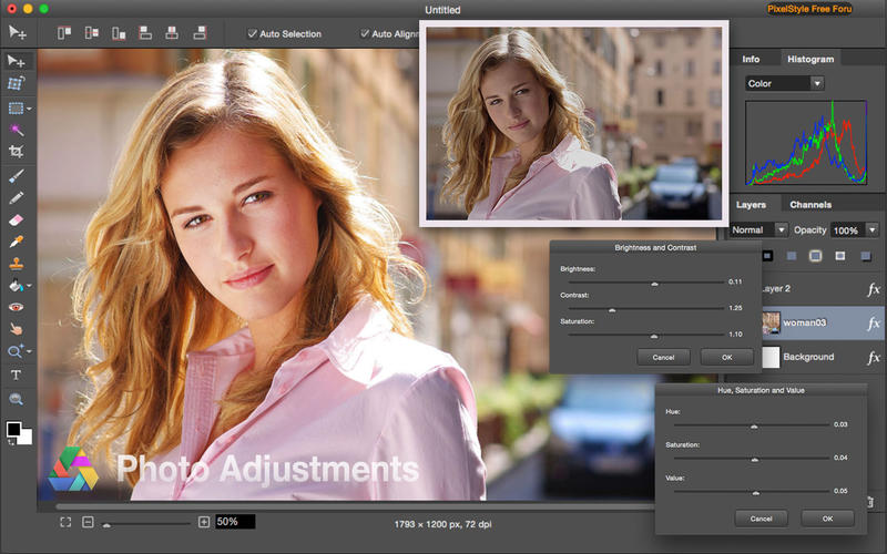 Рабочая область PixelStyle Photo Editor с инструментами цветокоррекции, слоями и гистограммой