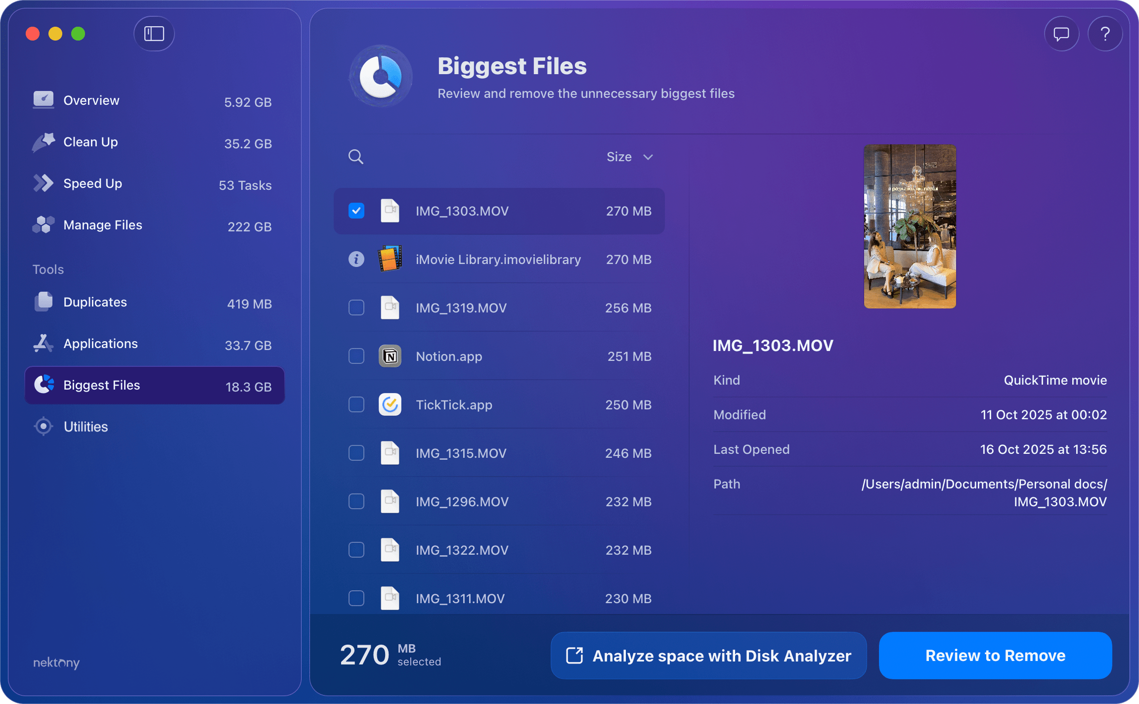 MacCleaner Pro — раздел Biggest Files