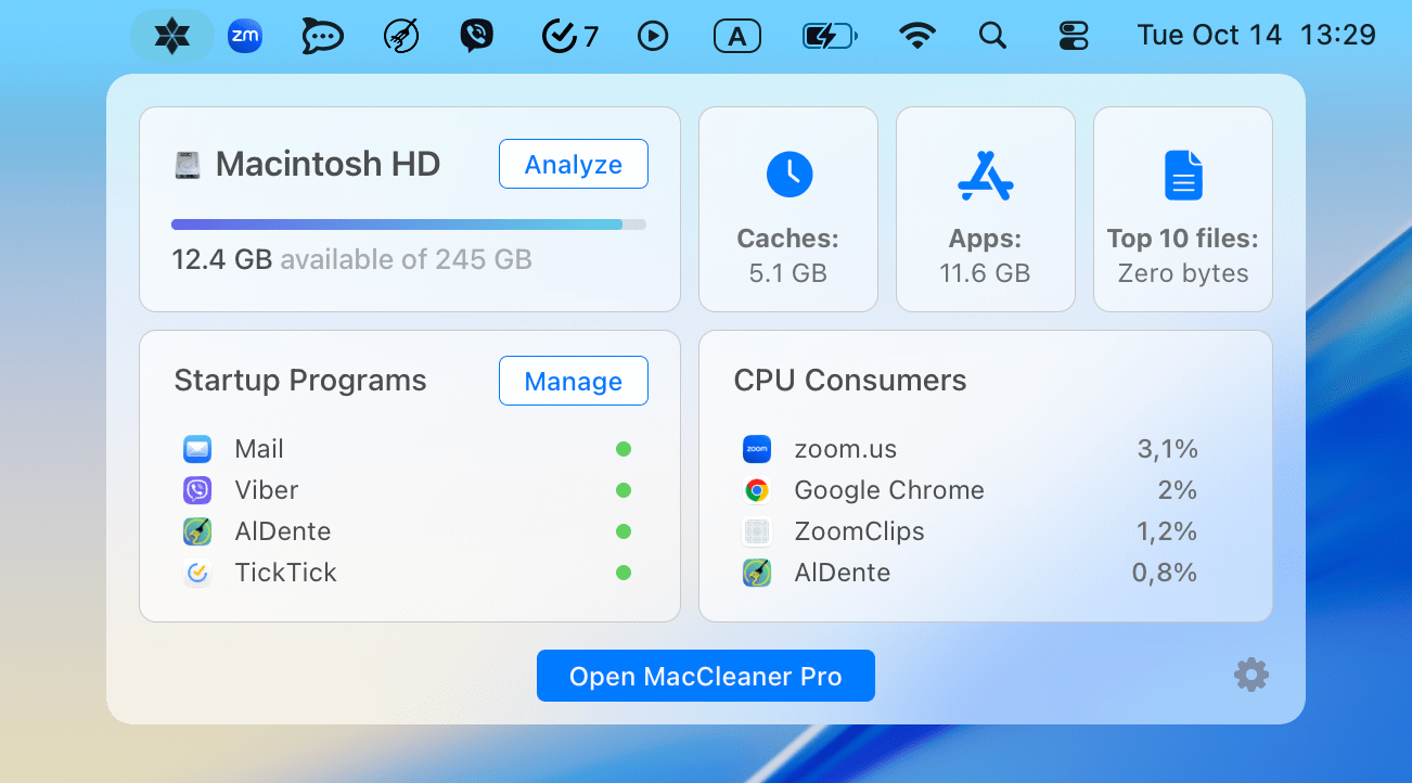 MacCleaner Pro Helper в строке меню