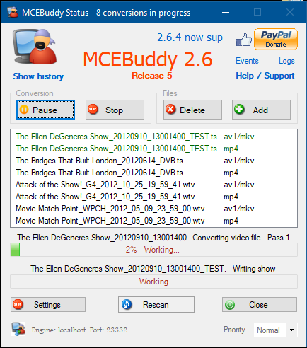 Главное окно MCEBuddy Status с очередью файлов, кнопками управления и прогрессом обработки