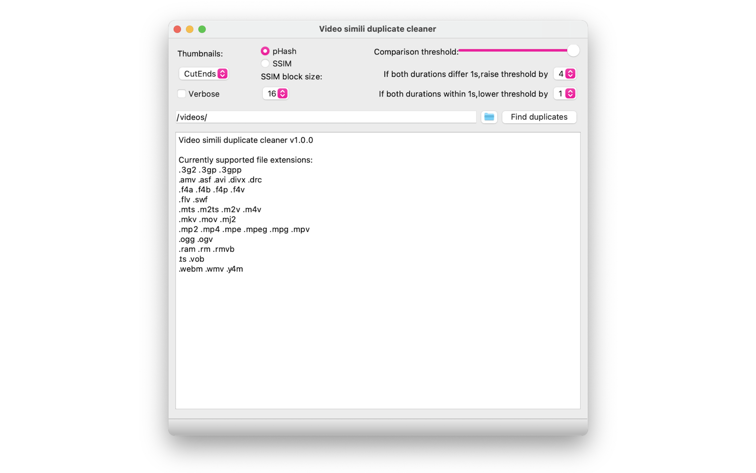 Главное окно Video Simili Duplicate Cleaner с настройками pHash, SSIM, Comparison threshold и кнопкой Find duplicates