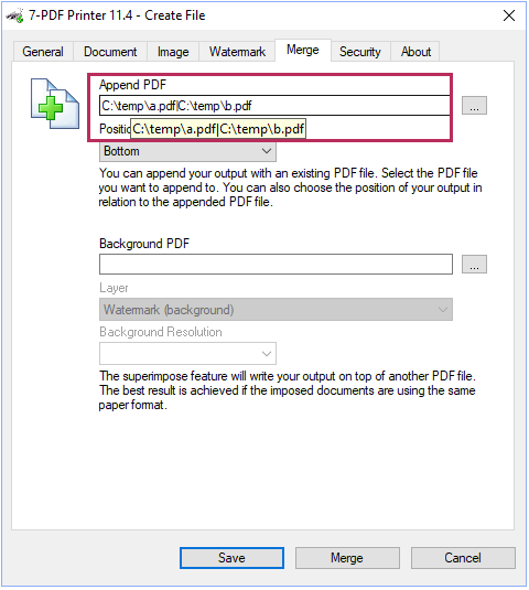 Вкладка Merge в 7-PDF Printer