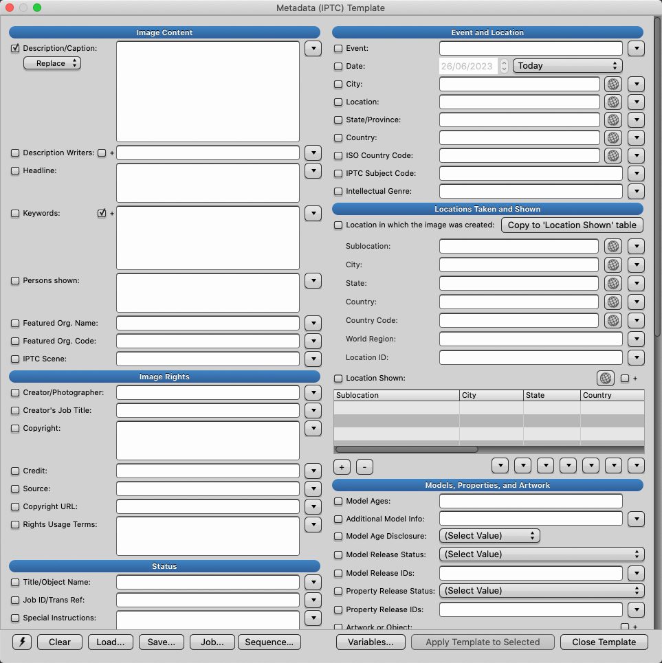 Окно Metadata (IPTC) Template в Photo Mechanic