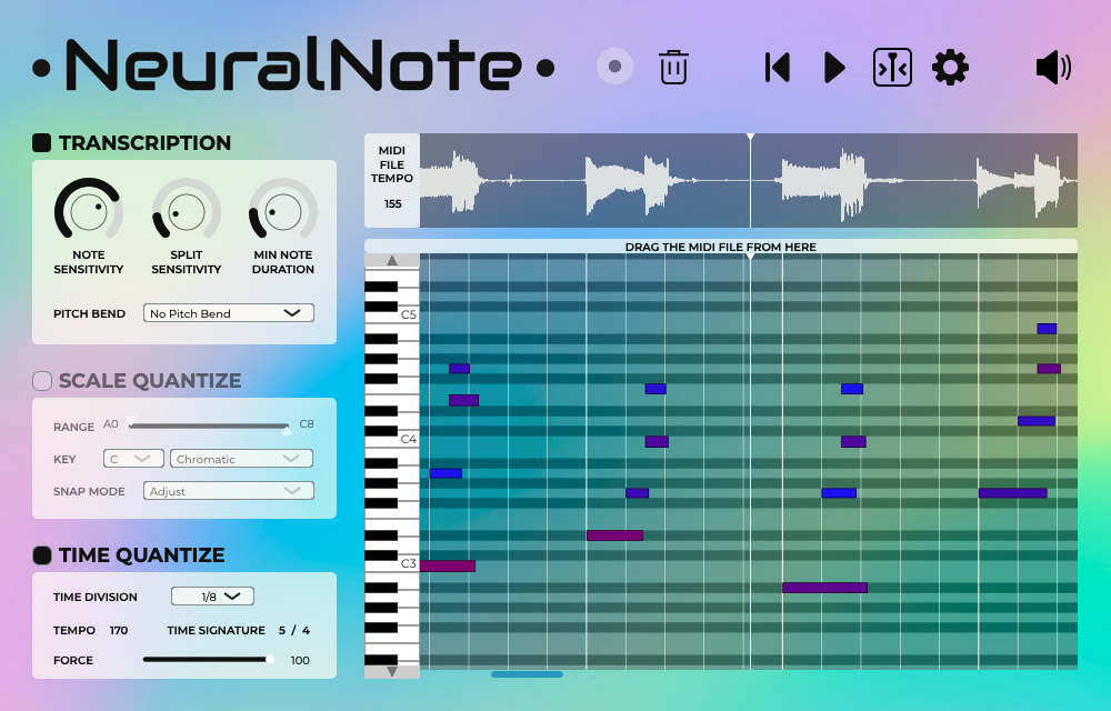 Интерфейс NeuralNote для распознавания аудио и экспорта MIDI